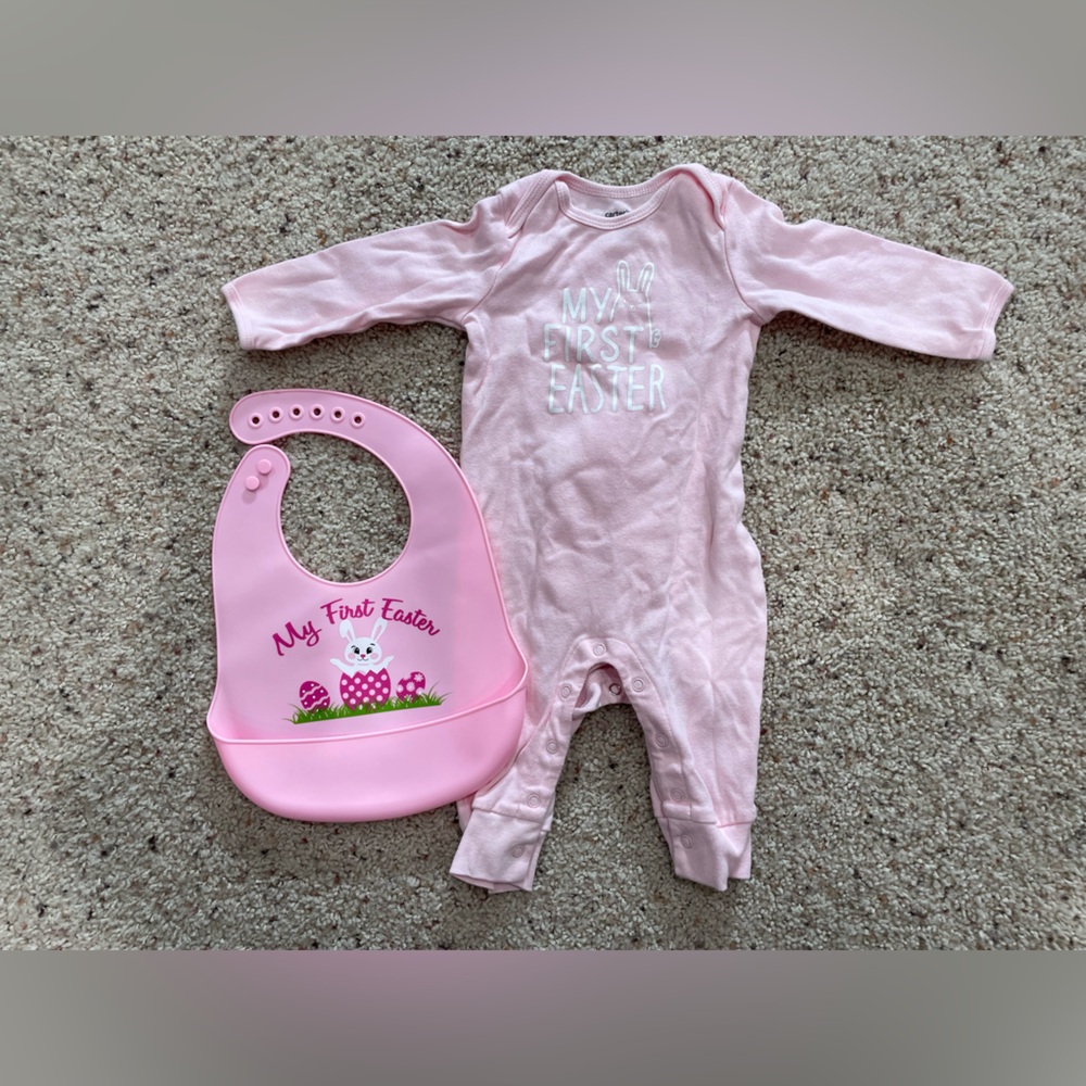 Baby Girl First Easter Bunny Outfit and Bib - 6 month bodysuit outfit